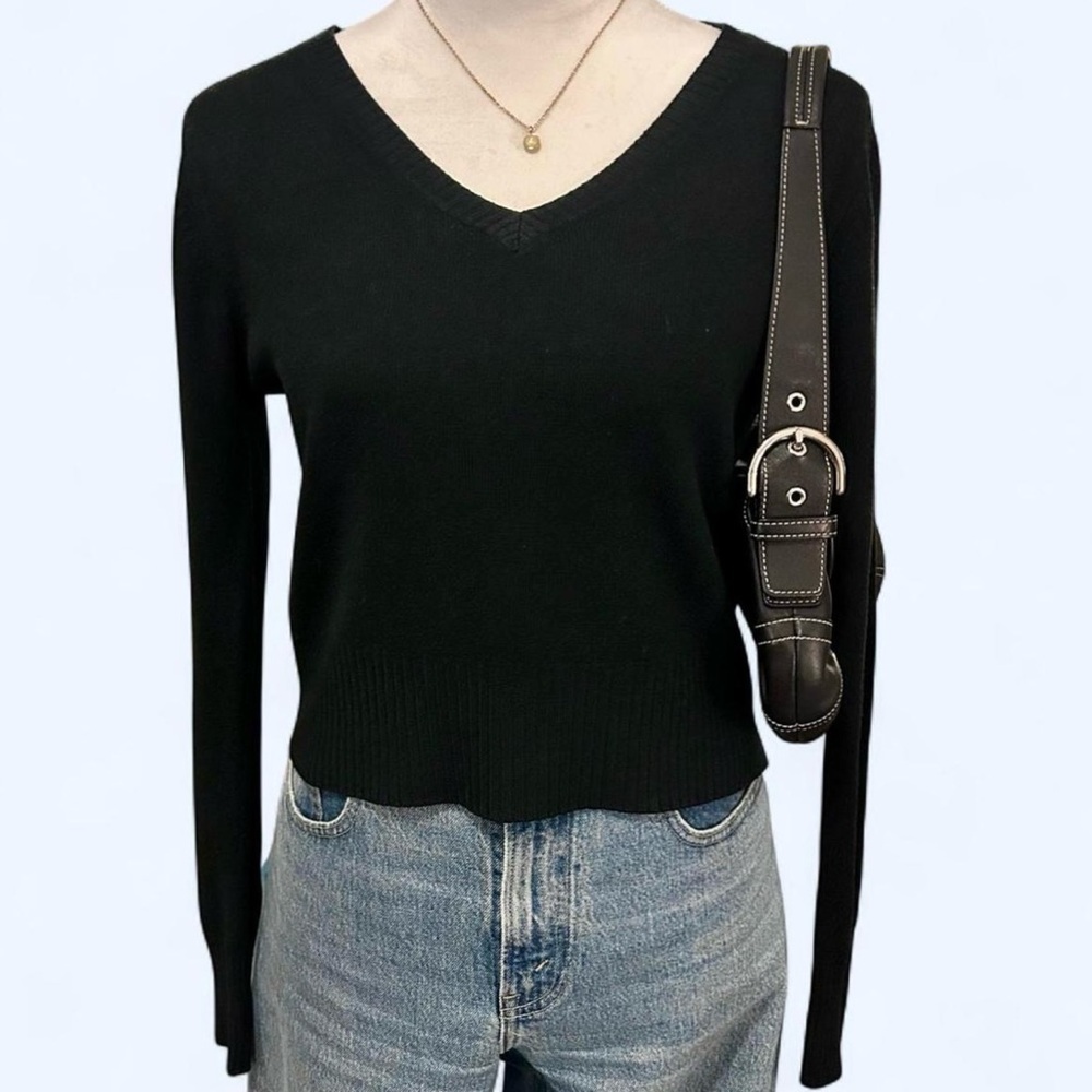 Energie Black V-Neck Vintage Sweater with Ribbed Hem